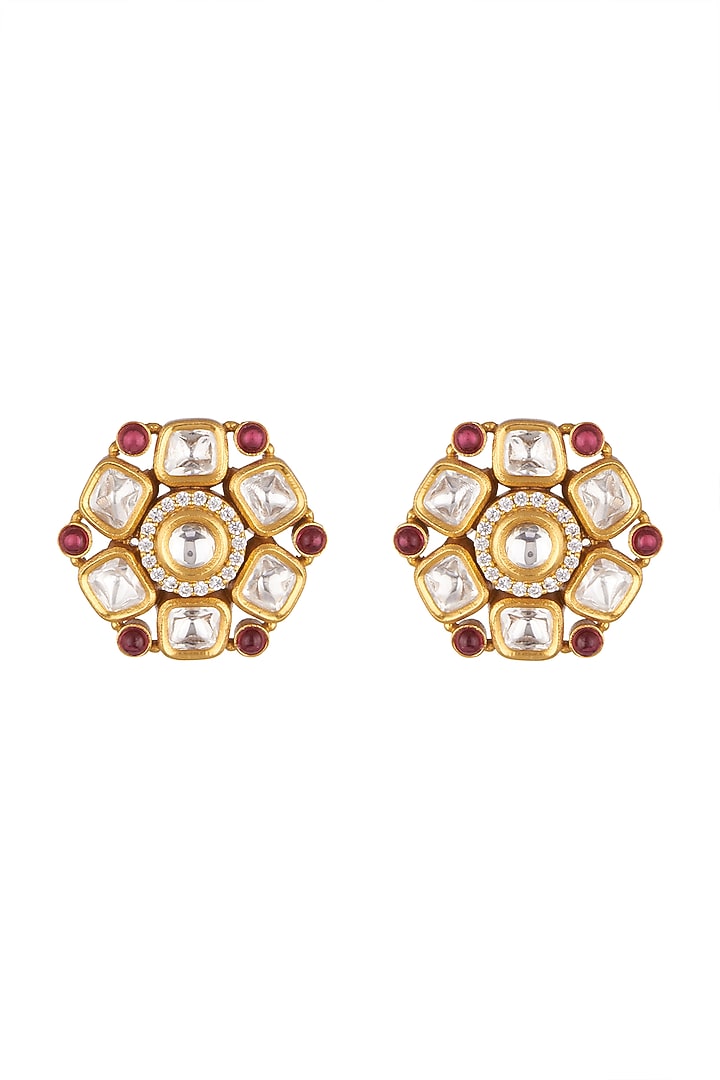 Gold Finish Kundan Polki & Red Stone Earrings by VASTRAA Jewellery at Pernia's Pop Up Shop