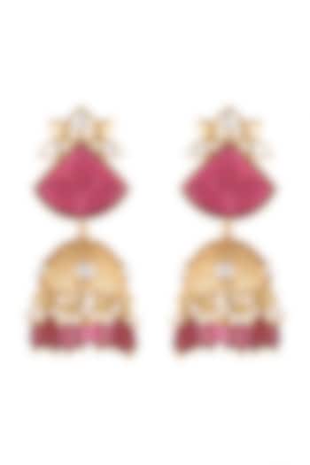 Gold Finish Red Stone & Beaded Jhumka Earrings by VASTRAA Jewellery