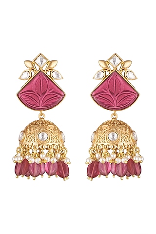 Gold Finish Red Stone & Beaded Jhumka Earrings by VASTRAA Jewellery