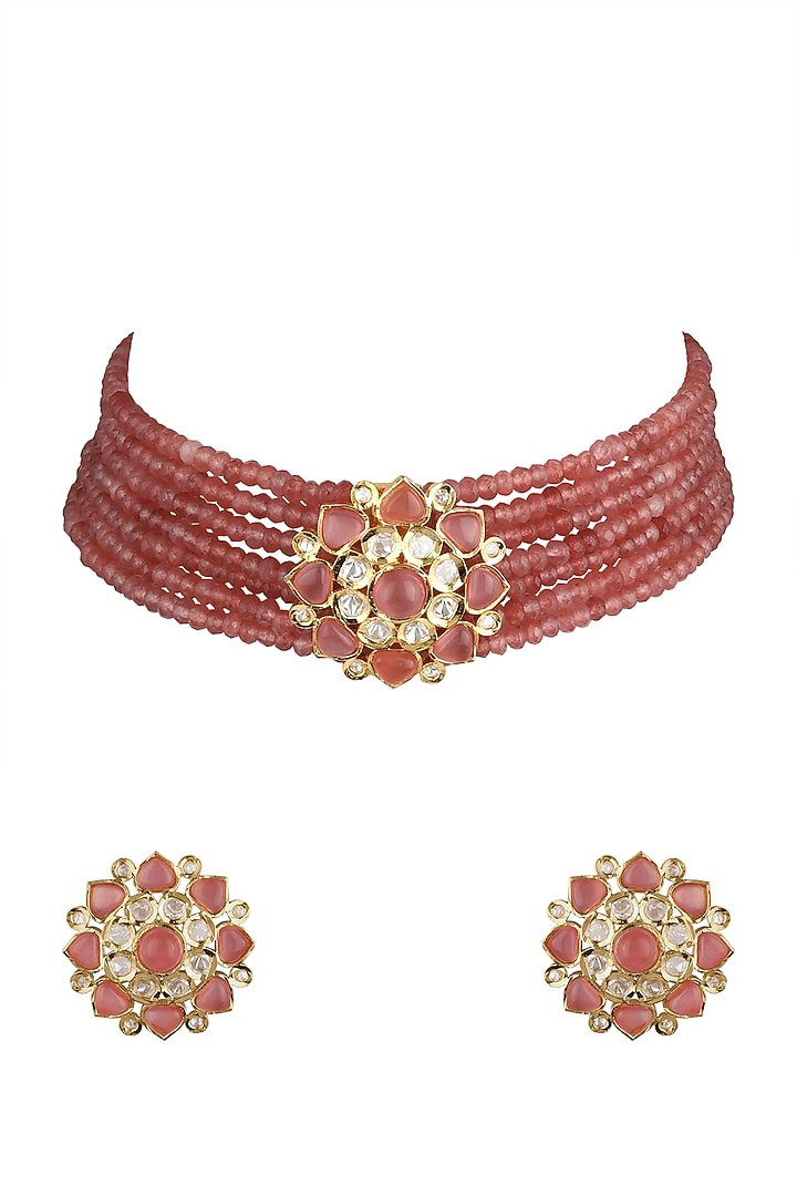 Gold Finish Kundan Polki & Red Beaded Choker Necklace Set by VASTRAA Jewellery at Pernia's Pop Up Shop