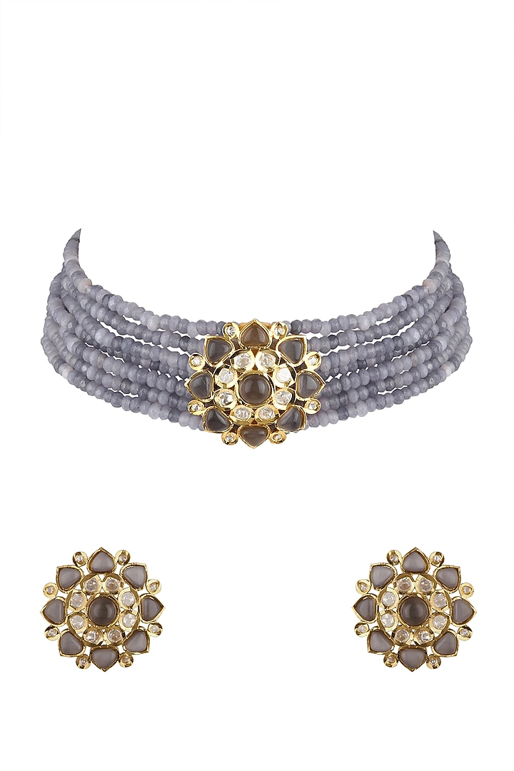 Gold Finish Kundan Polki & Beaded Choker Necklace Set by VASTRAA Jewellery at Pernia's Pop Up Shop