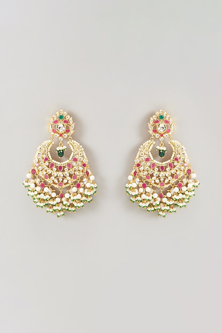 Gold Finish Kundan Polki & Pearl Chandbaali Earrings by VASTRAA Jewellery at Pernia's Pop Up Shop