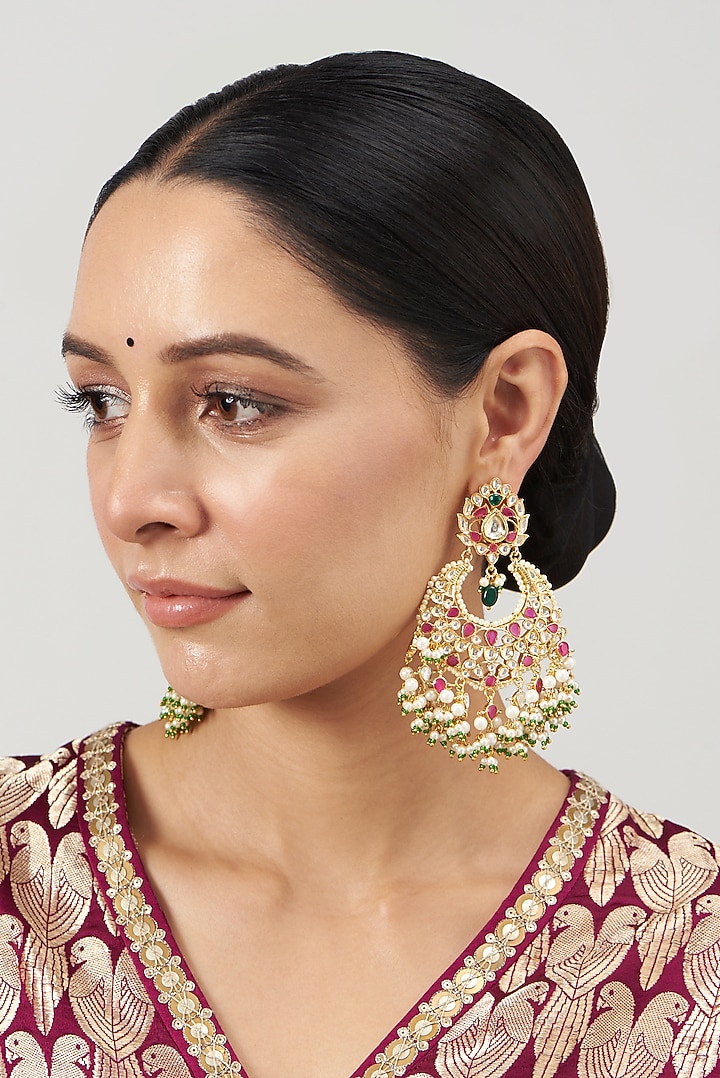 Gold Finish Kundan Polki & Pearl Chandbaali Earrings by VASTRAA Jewellery at Pernia's Pop Up Shop