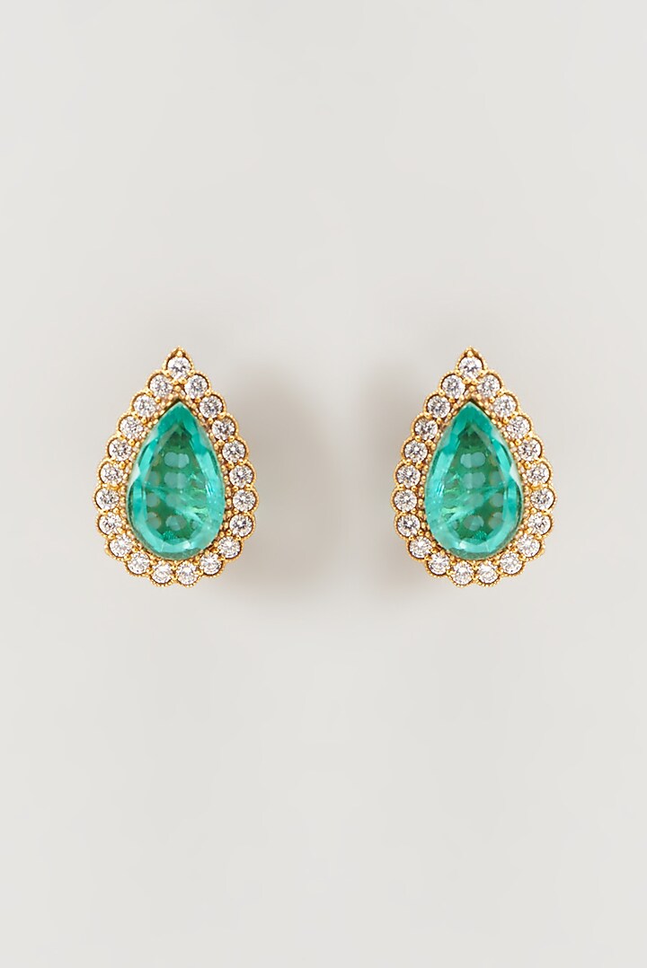 Gold Finish Kundan Polki & Sapphire Synthetic Stone Stud Earrings by VASTRAA Jewellery at Pernia's Pop Up Shop