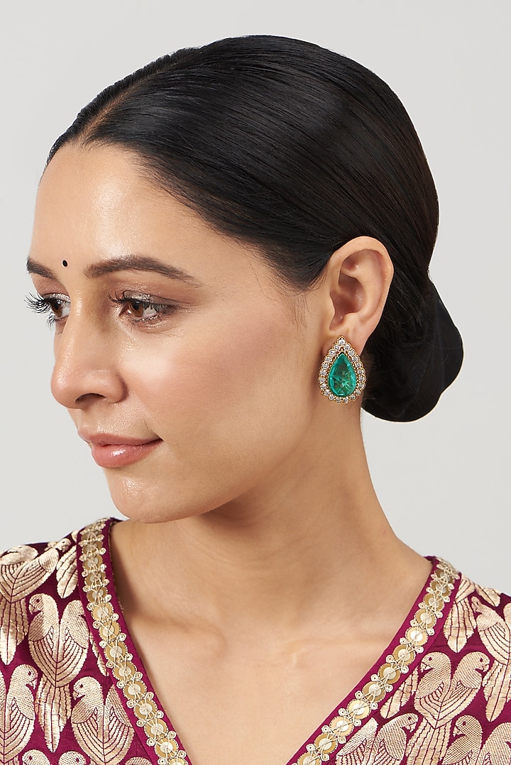 Gold Finish Kundan Polki & Sapphire Synthetic Stone Stud Earrings by VASTRAA Jewellery at Pernia's Pop Up Shop