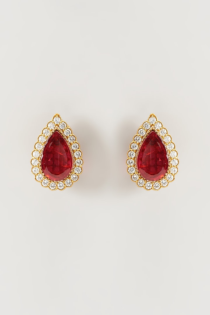 Gold Finish Kundan Polki & Ruby Synthetic Stone Stud Earrings by VASTRAA Jewellery at Pernia's Pop Up Shop