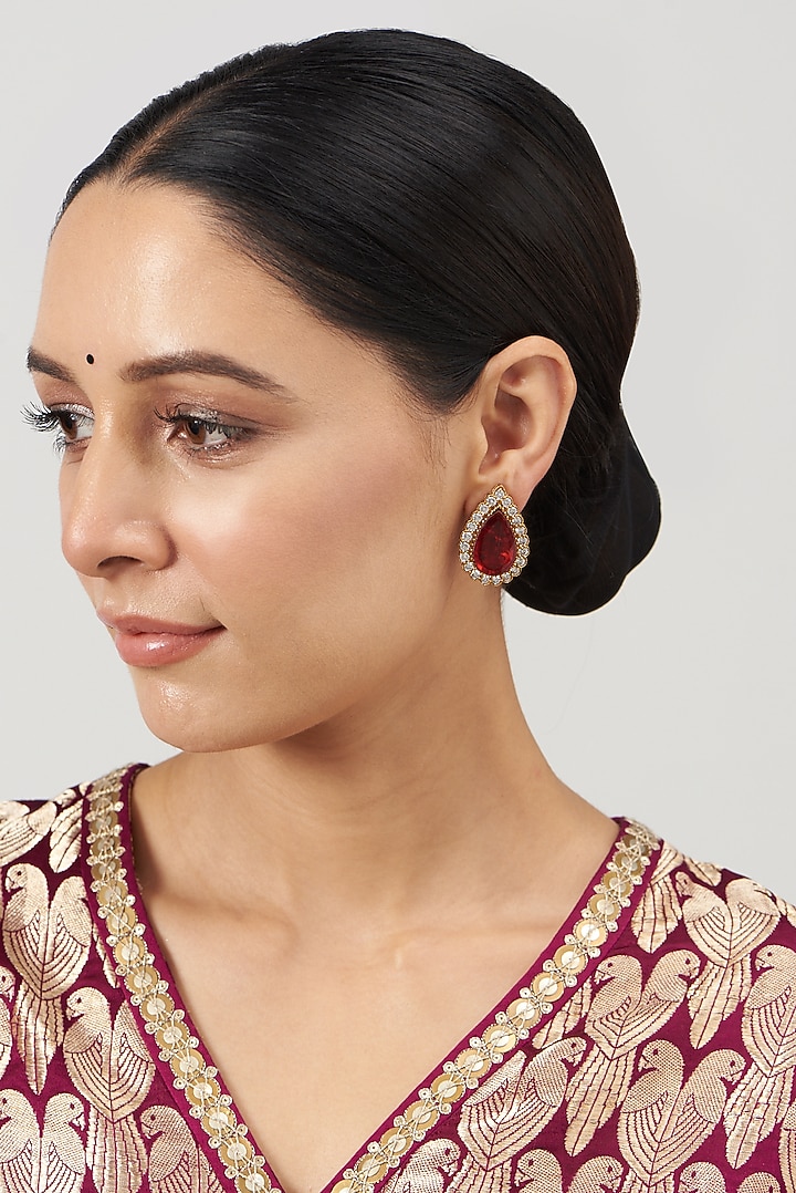 Gold Finish Kundan Polki & Ruby Synthetic Stone Stud Earrings by VASTRAA Jewellery at Pernia's Pop Up Shop