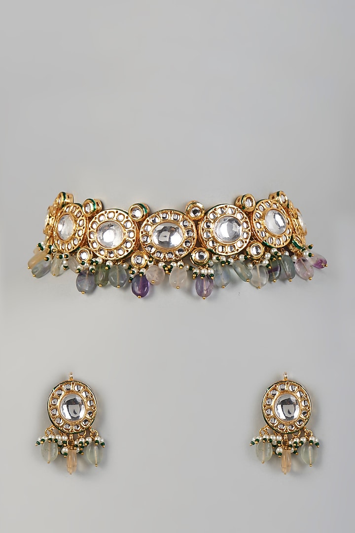 Gold Finish Kundan Polki & Multi-Colored Beaded Choker Necklace Set by VASTRAA Jewellery at Pernia's Pop Up Shop