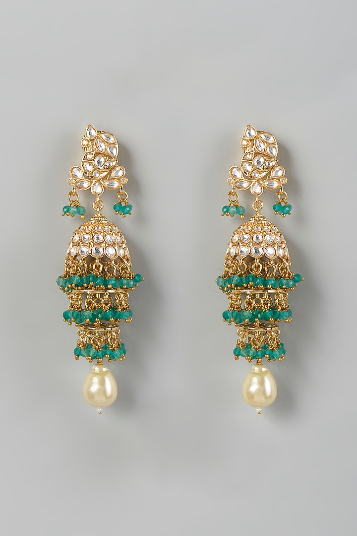 Gold Finish Kundan Polki & Green Drop Beaded Dangler Earrings by VASTRAA Jewellery at Pernia's Pop Up Shop