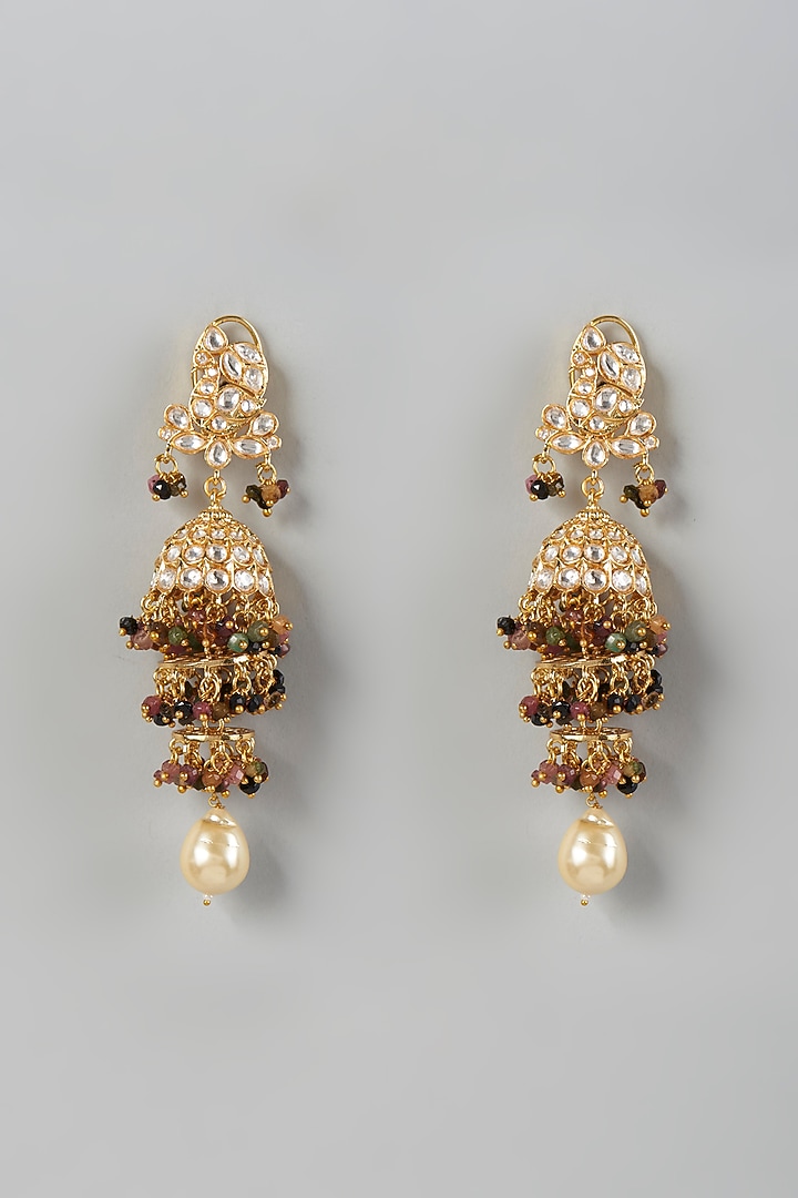 Gold Finish Kundan Polki & Red Drop Beaded Dangler Earrings by VASTRAA Jewellery at Pernia's Pop Up Shop