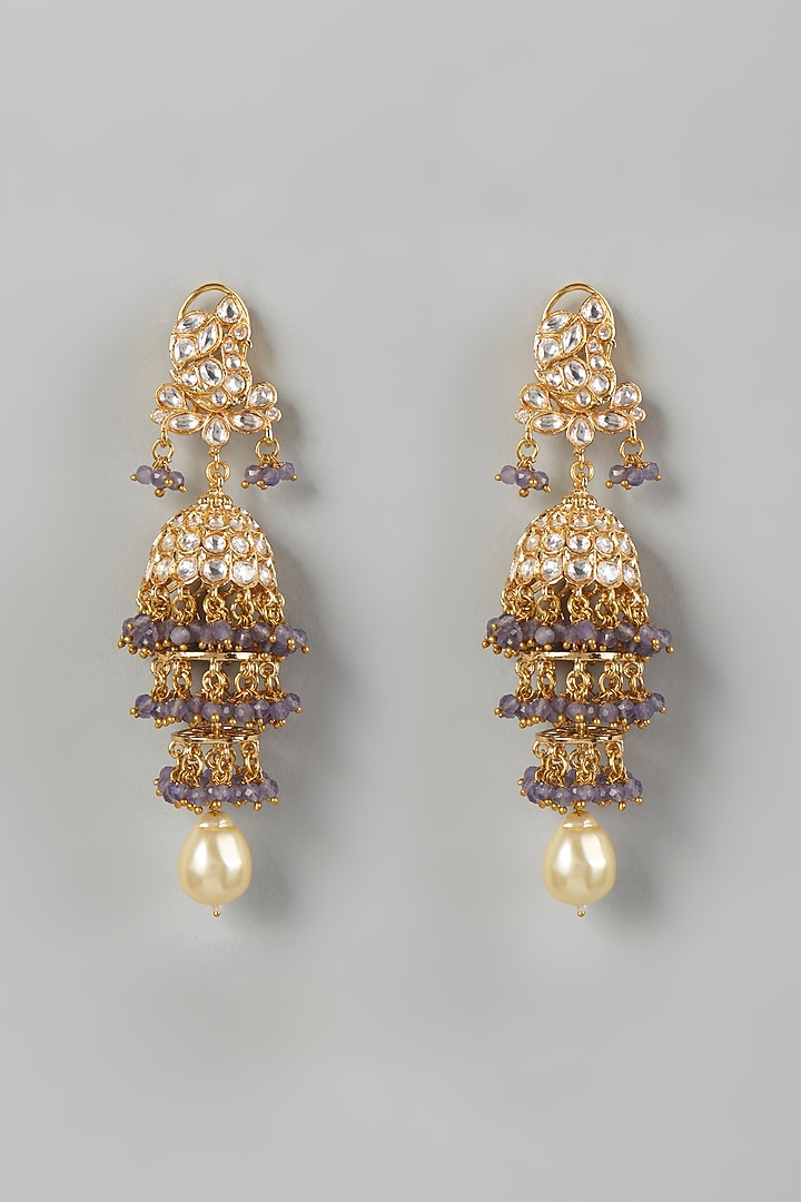 Gold Finish Kundan Polki & Grey Drop Beaded Dangler Earrings by VASTRAA Jewellery at Pernia's Pop Up Shop