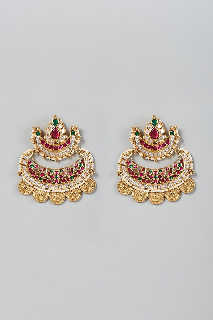 Gold Finish Kundan Polki & Multi-Colored Beaded Dangler Earrings by VASTRAA Jewellery at Pernia's Pop Up Shop