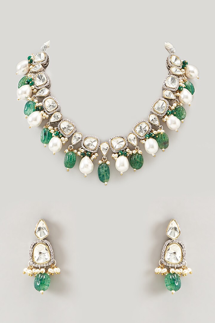 Two Tone Finish Kundan Polki Necklace Set by VASTRAA Jewellery at Pernia's Pop Up Shop