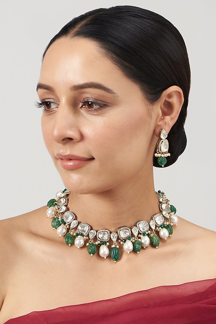 Two Tone Finish Kundan Polki Necklace Set by VASTRAA Jewellery at Pernia's Pop Up Shop