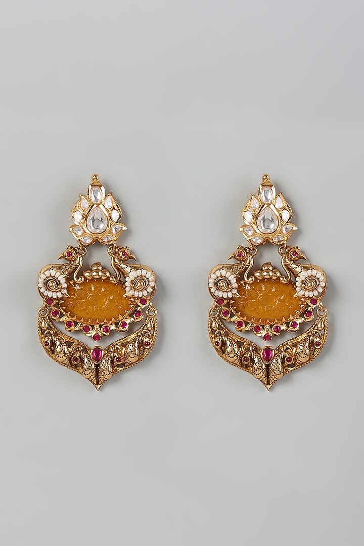 Gold Finish Kundan Polki & Colored Stone Dangler Earrings by VASTRAA Jewellery at Pernia's Pop Up Shop