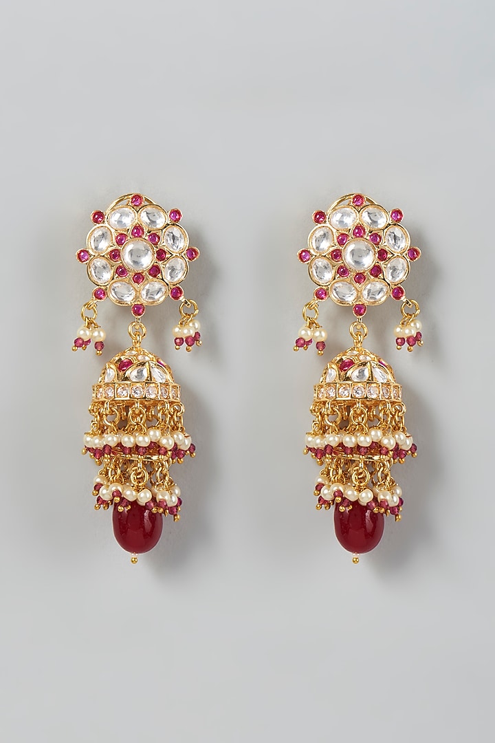 Gold Finish Kundan Polki & Red Stone Dangler Earrings by VASTRAA Jewellery at Pernia's Pop Up Shop