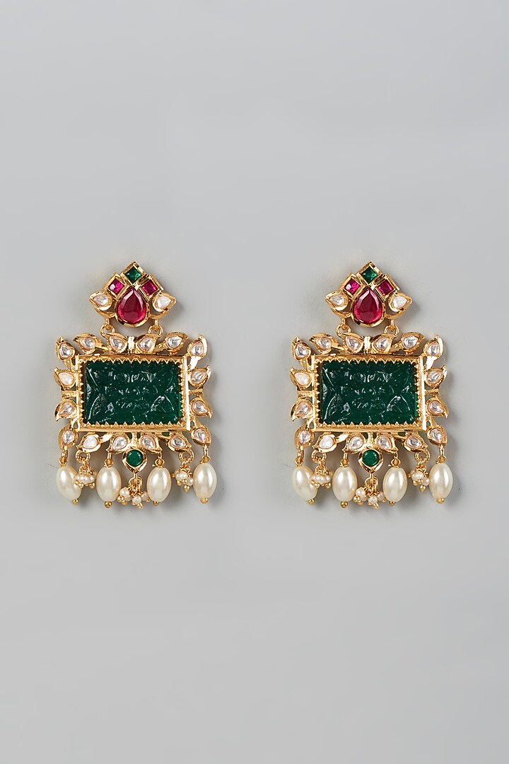 Gold Finish Green Stone & Kundan Polki Dangler Earrings by VASTRAA Jewellery at Pernia's Pop Up Shop