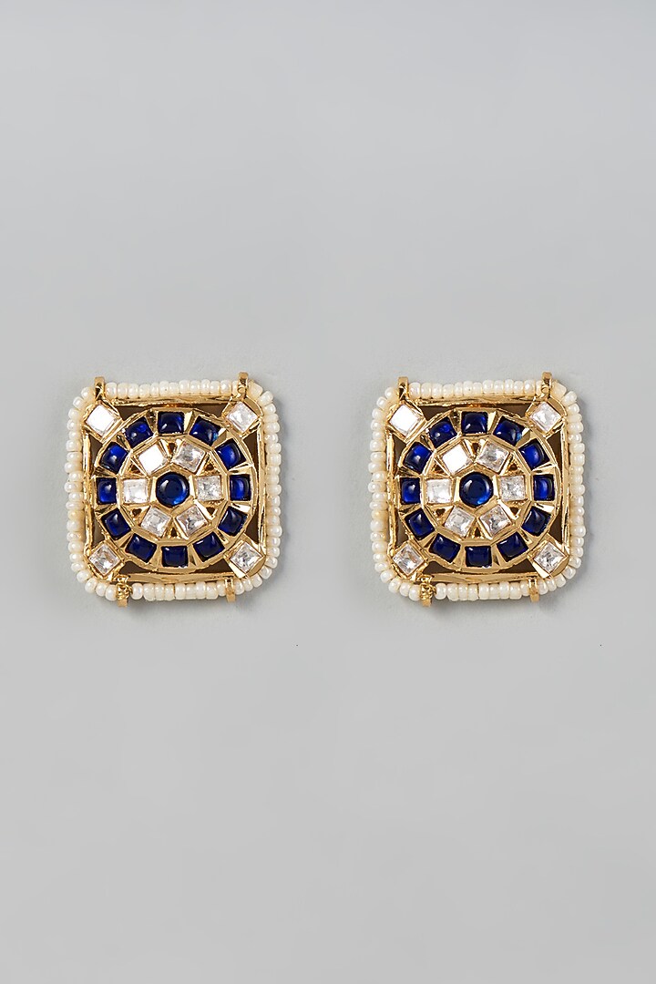 Gold finish Blue Stone Earrings by VASTRAA Jewellery at Pernia's Pop Up Shop