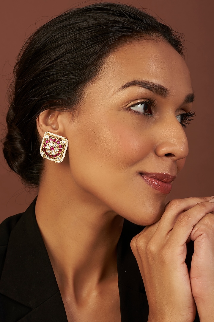 Gold finish Red Stone Earrings by VASTRAA Jewellery at Pernia's Pop Up Shop