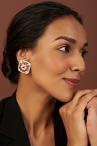 Gold finish Red Stone Earrings by VASTRAA Jewellery