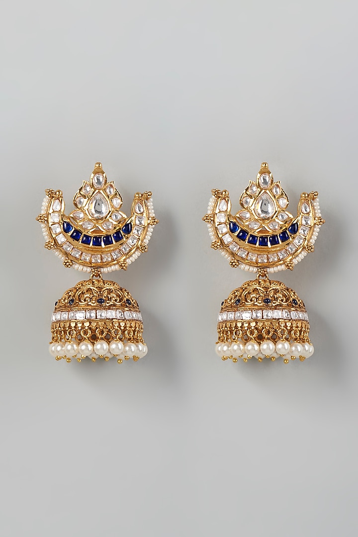 Gold Finish Blue Stone & Kundan Polki Dangler Earrings by VASTRAA Jewellery at Pernia's Pop Up Shop