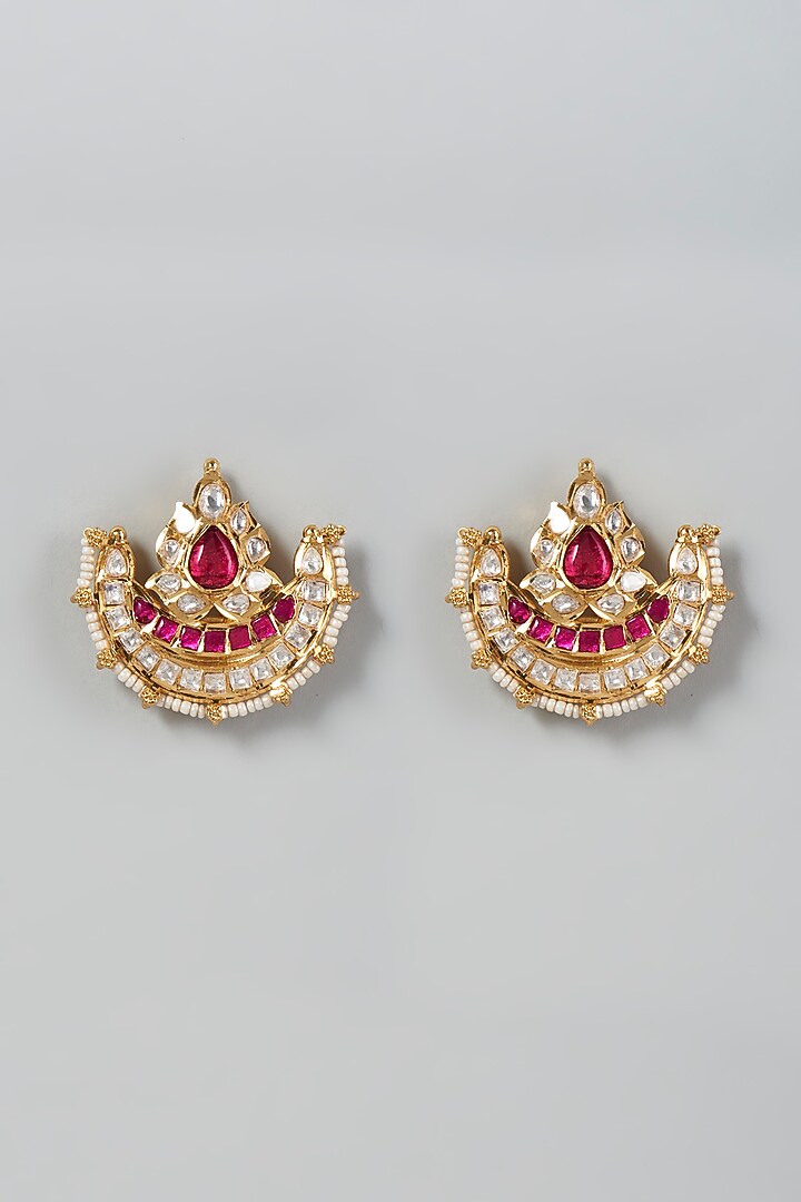 Gold Finish Kundan Polki & Red Stone Dangler Earrings by VASTRAA Jewellery at Pernia's Pop Up Shop