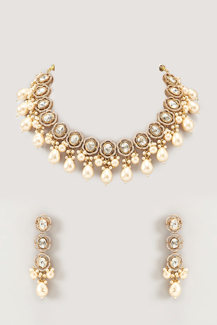 Gold Finish Kundan Polki & Pearl Necklace Set by VASTRAA Jewellery at Pernia's Pop Up Shop
