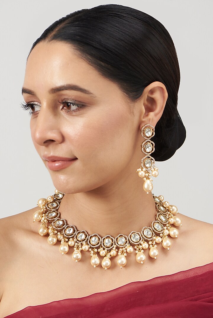 Gold Finish Kundan Polki & Pearl Necklace Set by VASTRAA Jewellery at Pernia's Pop Up Shop