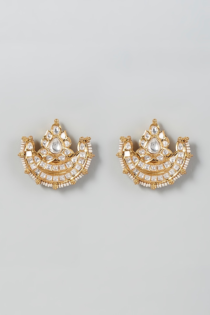 Gold Finish Kundan Polki & Pearl Dangler Earrings by VASTRAA Jewellery at Pernia's Pop Up Shop