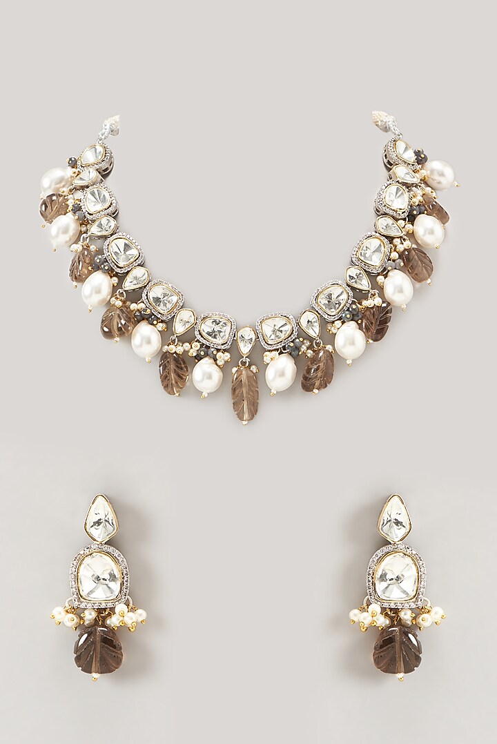 Two Tone Finish Kundan Polki Necklace Set by VASTRAA Jewellery at Pernia's Pop Up Shop