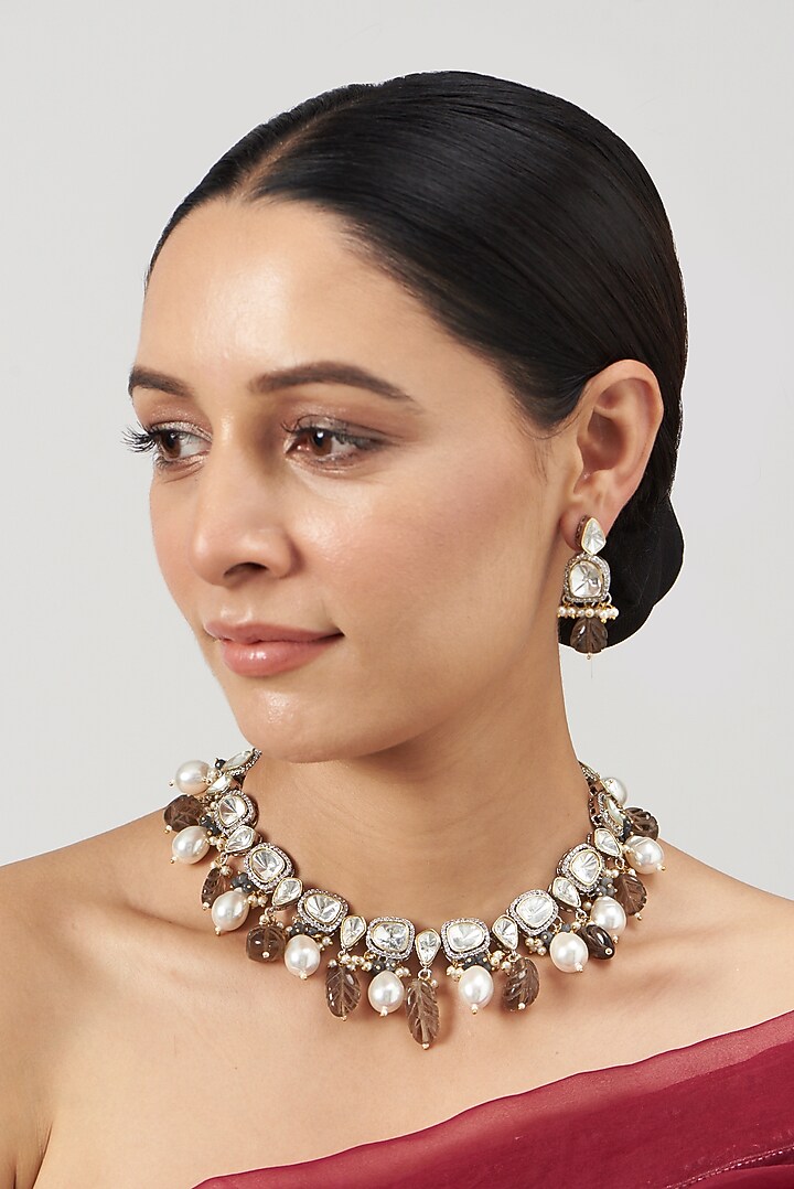 Two Tone Finish Kundan Polki Necklace Set by VASTRAA Jewellery at Pernia's Pop Up Shop