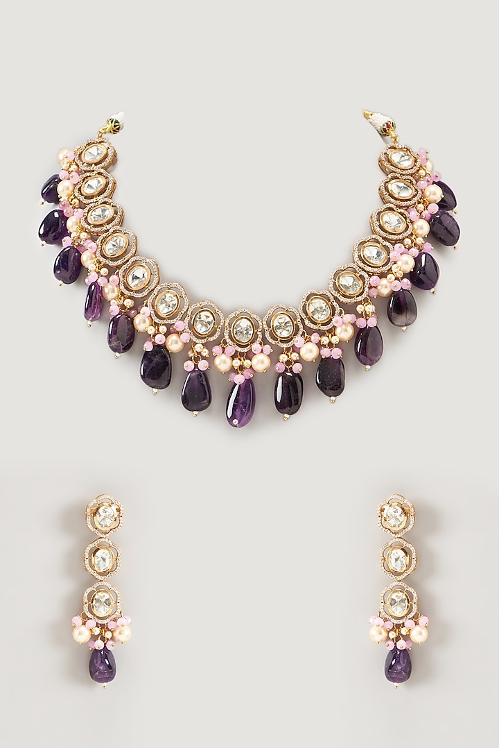 Gold Finish Kundan Polki & Pearl Necklace Set by VASTRAA Jewellery at Pernia's Pop Up Shop