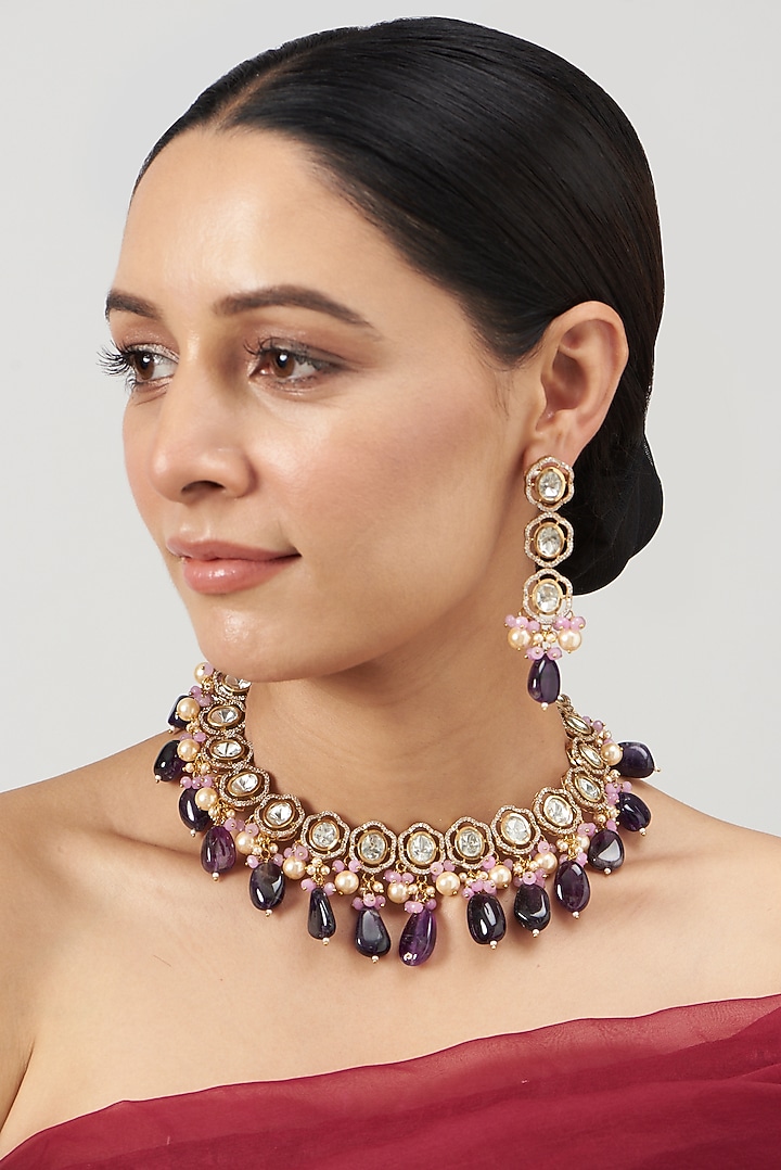 Gold Finish Kundan Polki & Pearl Necklace Set by VASTRAA Jewellery at Pernia's Pop Up Shop