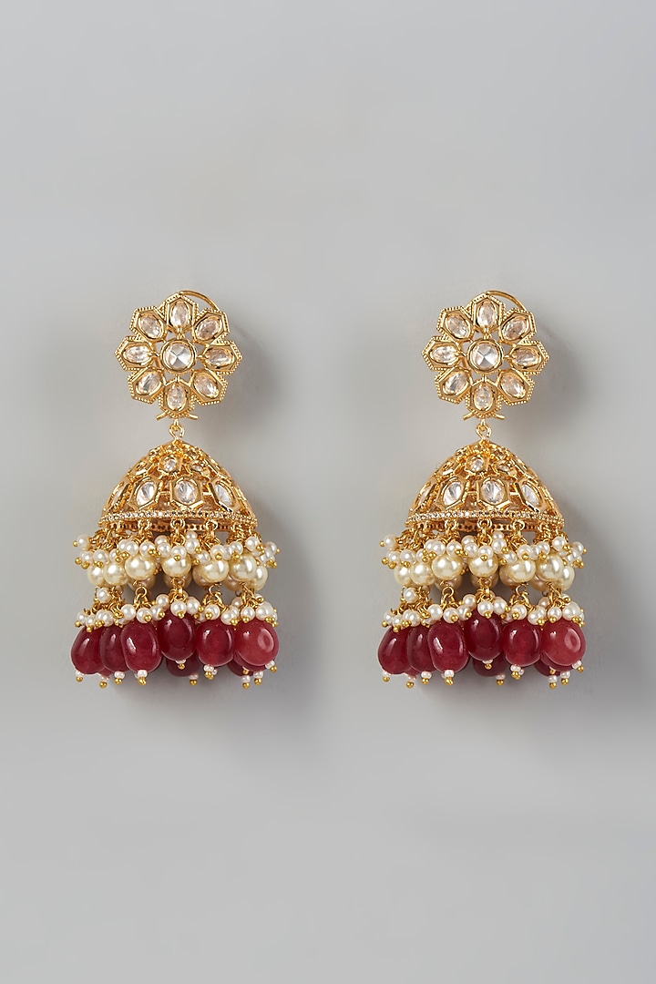 Gold Finish Kundan Polki & Red Beaded Dangler Earrings by VASTRAA Jewellery at Pernia's Pop Up Shop