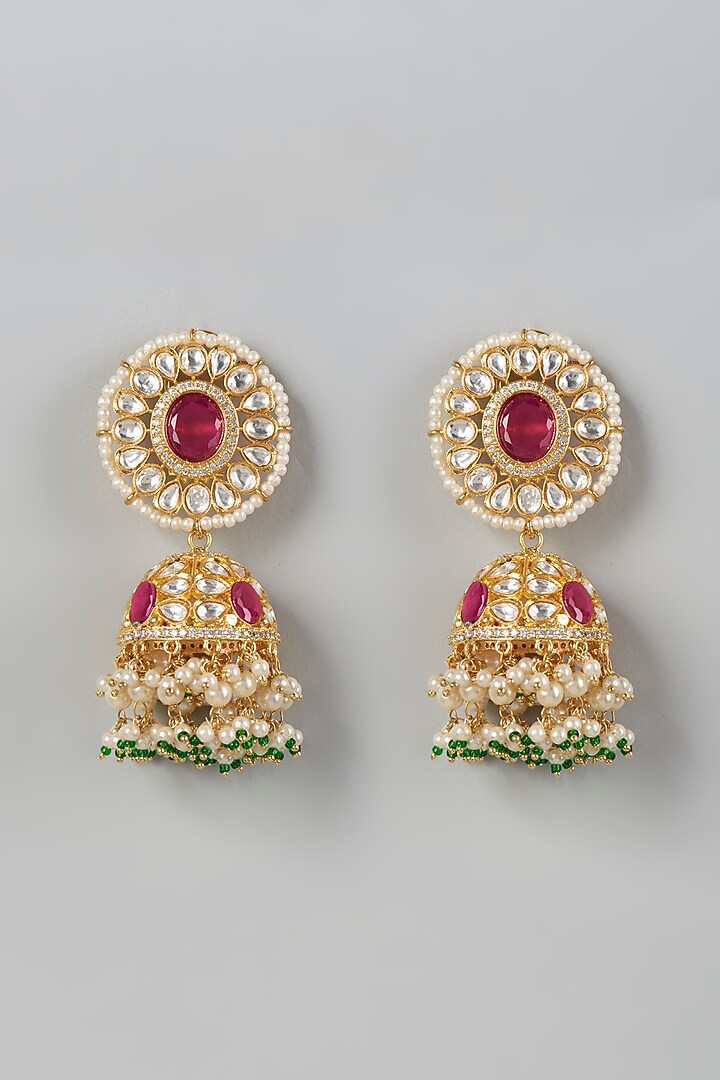 Gold Finish Kundan Polki & Red Stone Dangler Earrings by VASTRAA Jewellery at Pernia's Pop Up Shop