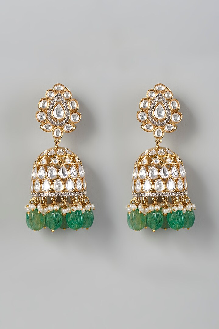 Gold Finish Kundan Polki & Green Drop Beaded Dangler Earrings by VASTRAA Jewellery at Pernia's Pop Up Shop
