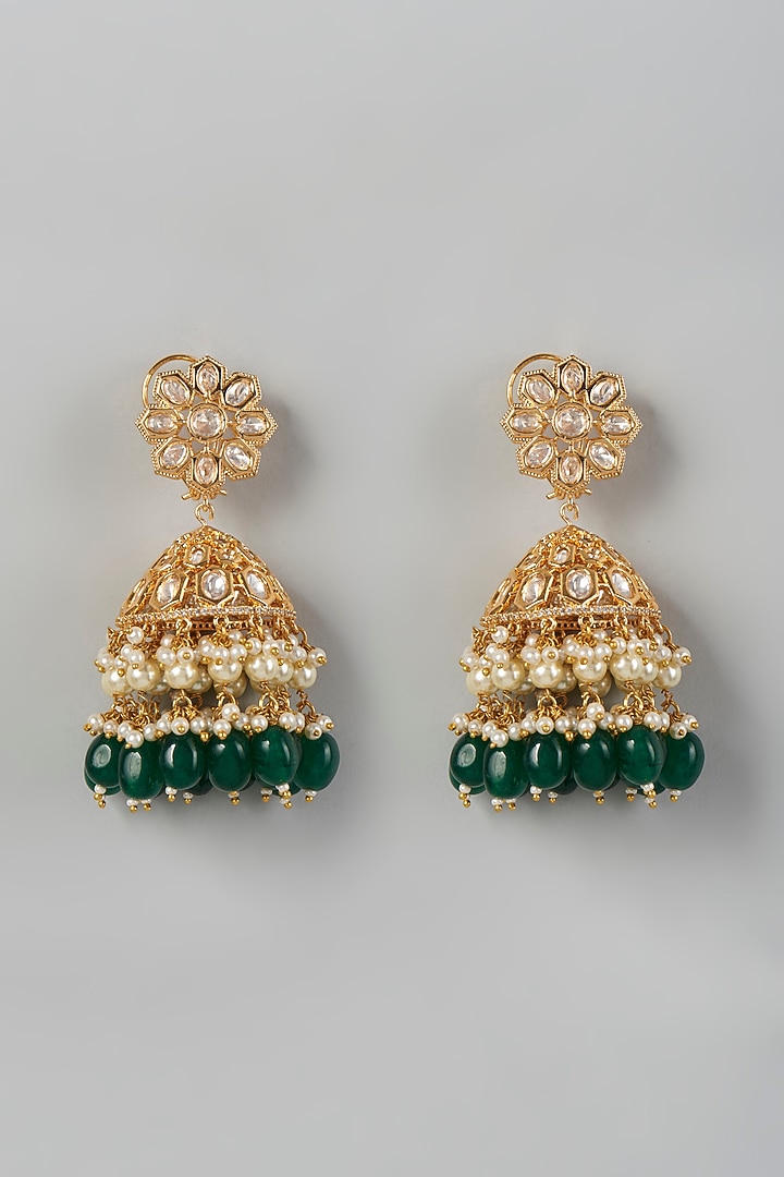 Gold Finish Kundan Polki & Green Beaded Dangler Earrings by VASTRAA Jewellery at Pernia's Pop Up Shop