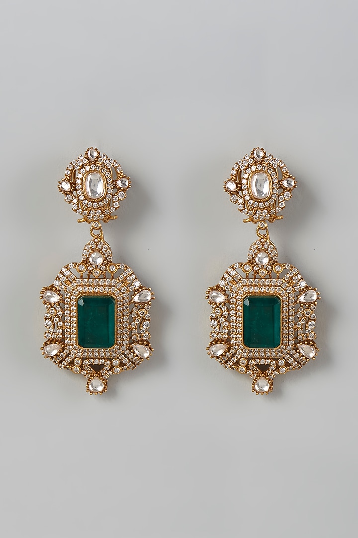 Gold Finish Kundan Polki & Green Drop Dangler Earrings by VASTRAA Jewellery at Pernia's Pop Up Shop