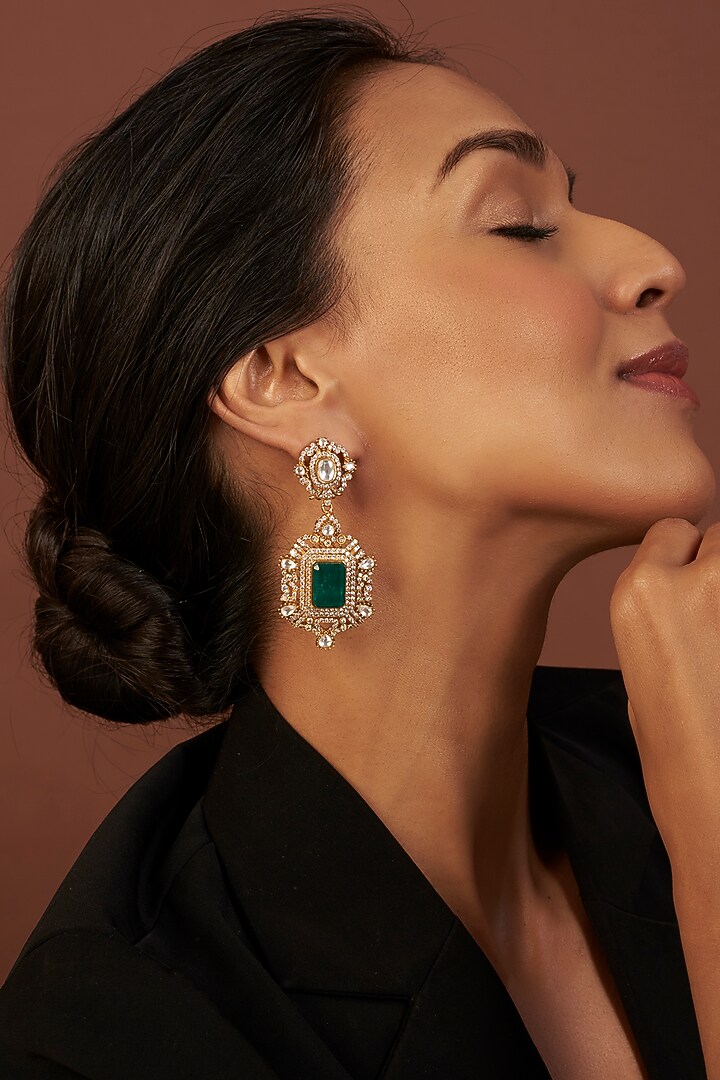 Gold Finish Kundan Polki & Green Drop Dangler Earrings by VASTRAA Jewellery at Pernia's Pop Up Shop