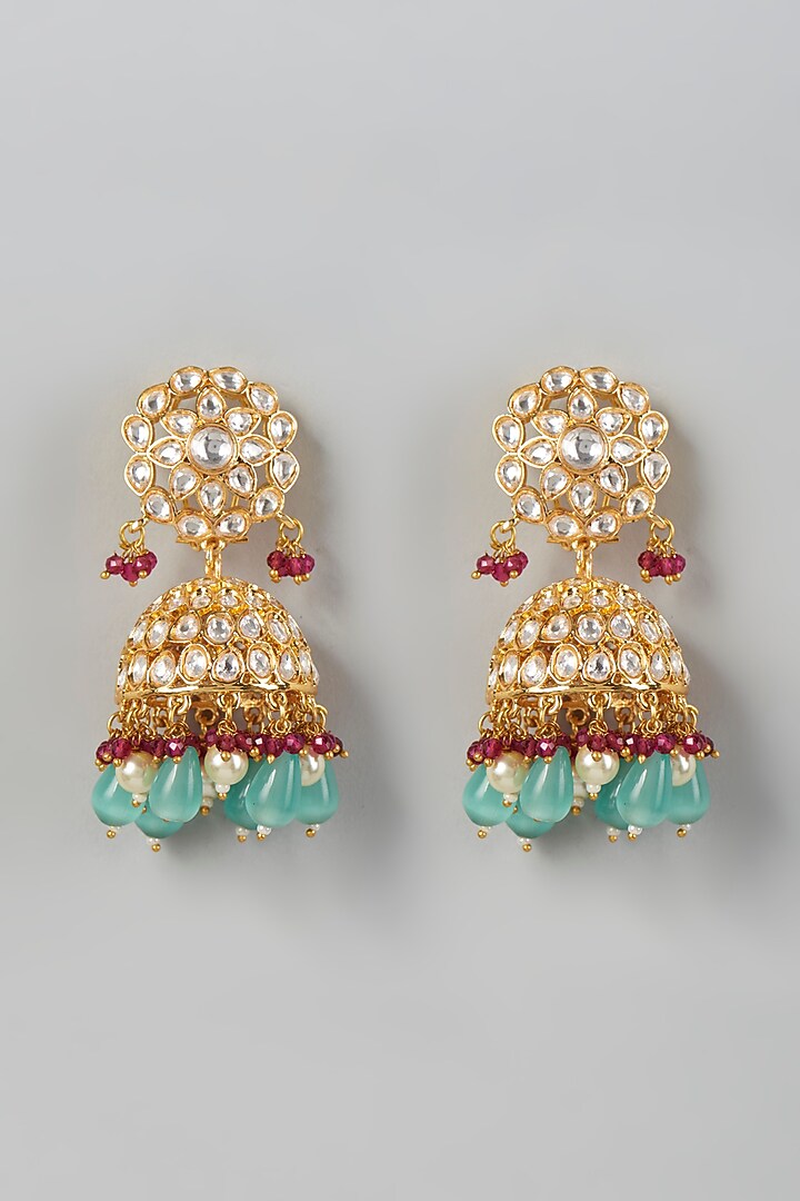Gold Finish Kundan Polki & Multi-Colored Drop Dangler Earrings by VASTRAA Jewellery at Pernia's Pop Up Shop