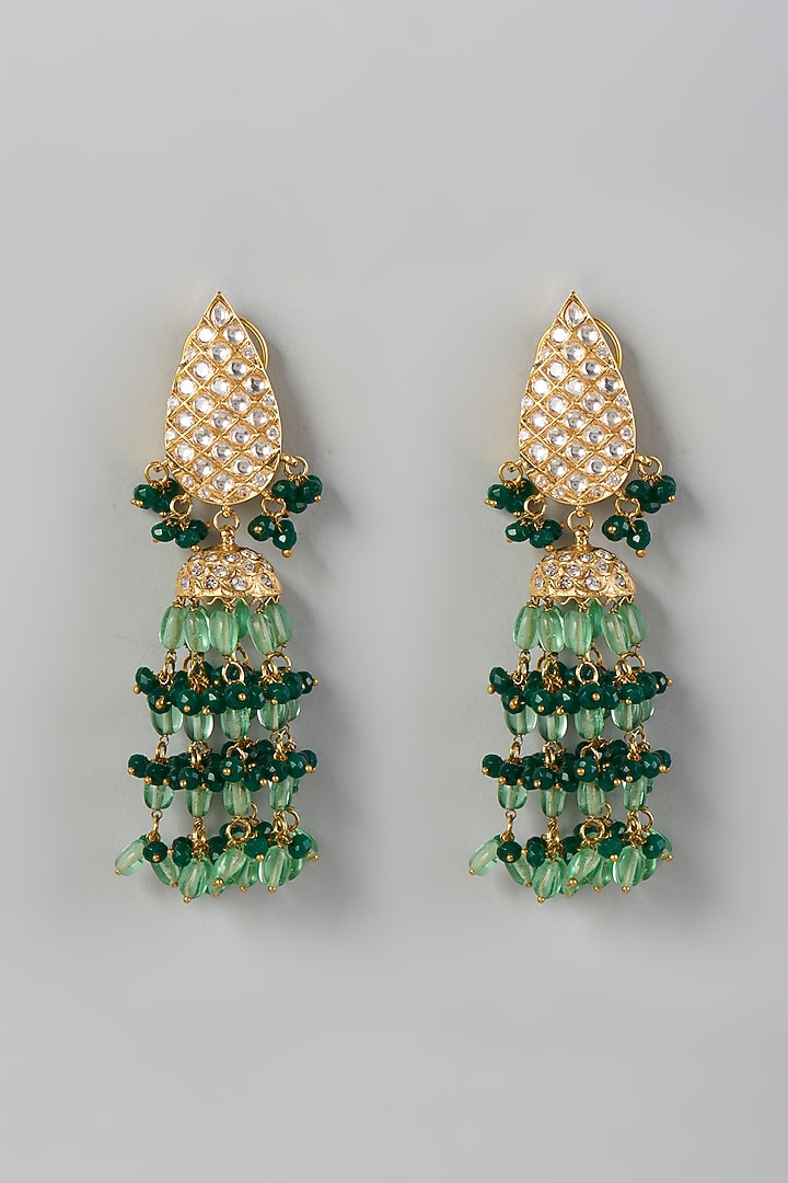 Gold Finish Kundan Polki & Green Beaded Dangler Earrings by VASTRAA Jewellery at Pernia's Pop Up Shop