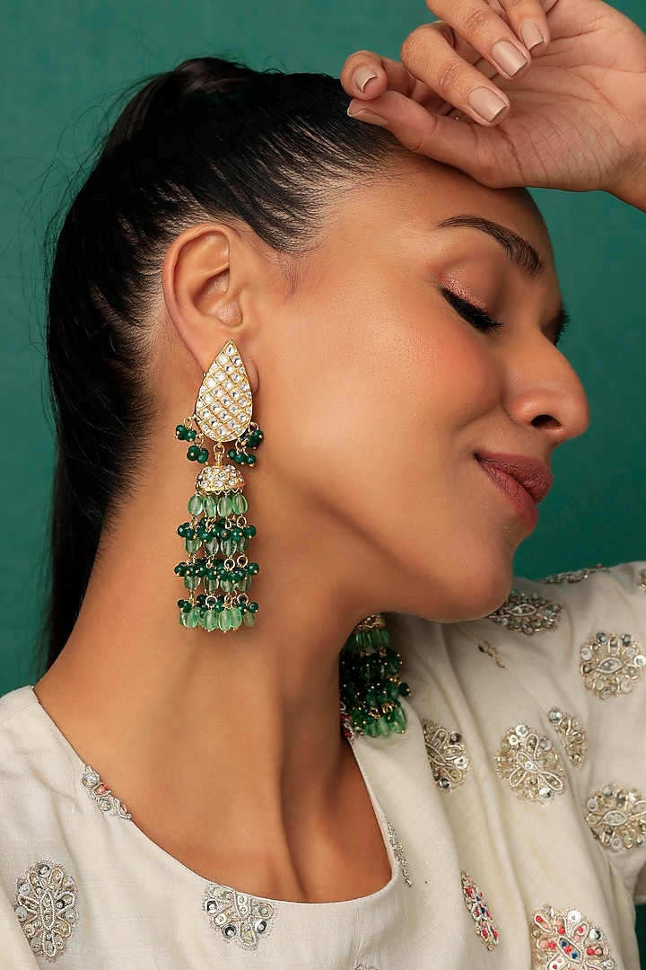 Gold Finish Kundan Polki & Green Beaded Dangler Earrings by VASTRAA Jewellery at Pernia's Pop Up Shop