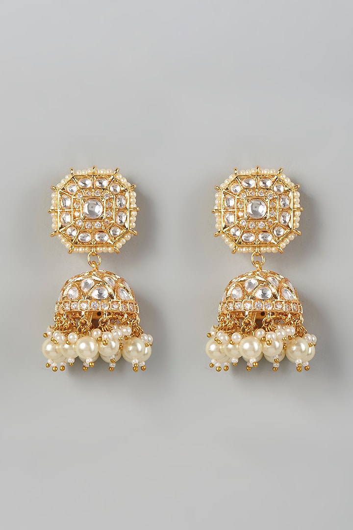 Gold Finish Pearl & Kundan Polki Dangler Earrings by VASTRAA Jewellery at Pernia's Pop Up Shop