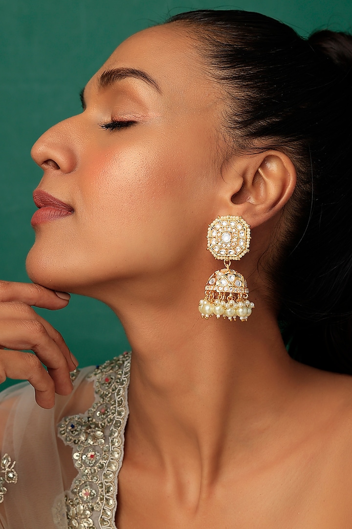 Gold Finish Pearl & Kundan Polki Dangler Earrings by VASTRAA Jewellery