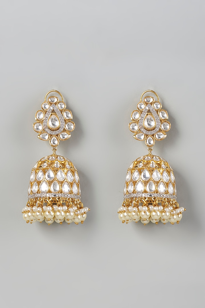 Gold Finish Drop Pearl & Kundan Polki Dangler Earrings by VASTRAA Jewellery at Pernia's Pop Up Shop