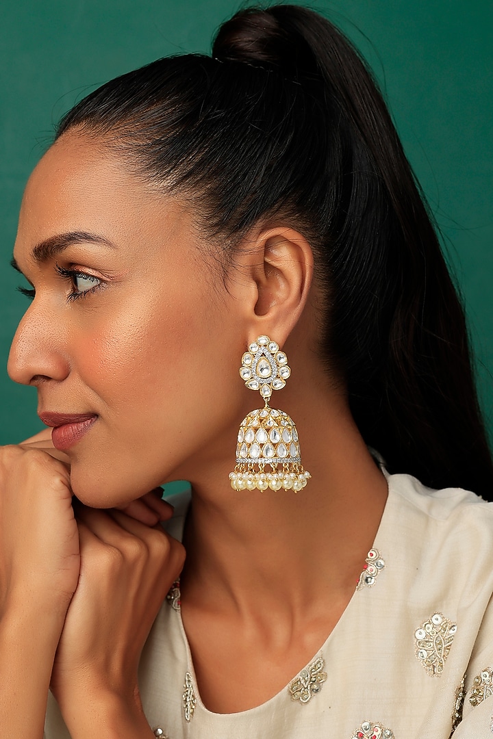 Gold Finish Drop Pearl & Kundan Polki Dangler Earrings by VASTRAA Jewellery at Pernia's Pop Up Shop