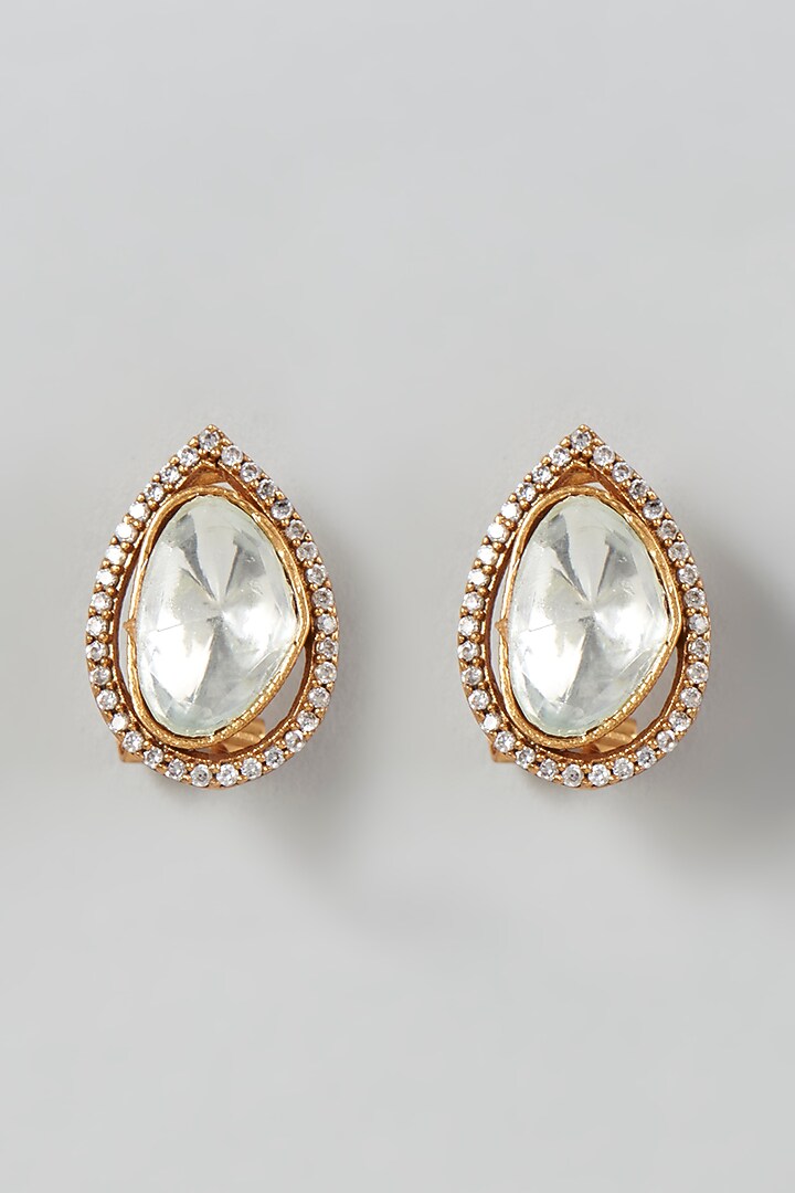 Gold Finish Kundan Polki Stud Earrings by VASTRAA Jewellery at Pernia's Pop Up Shop