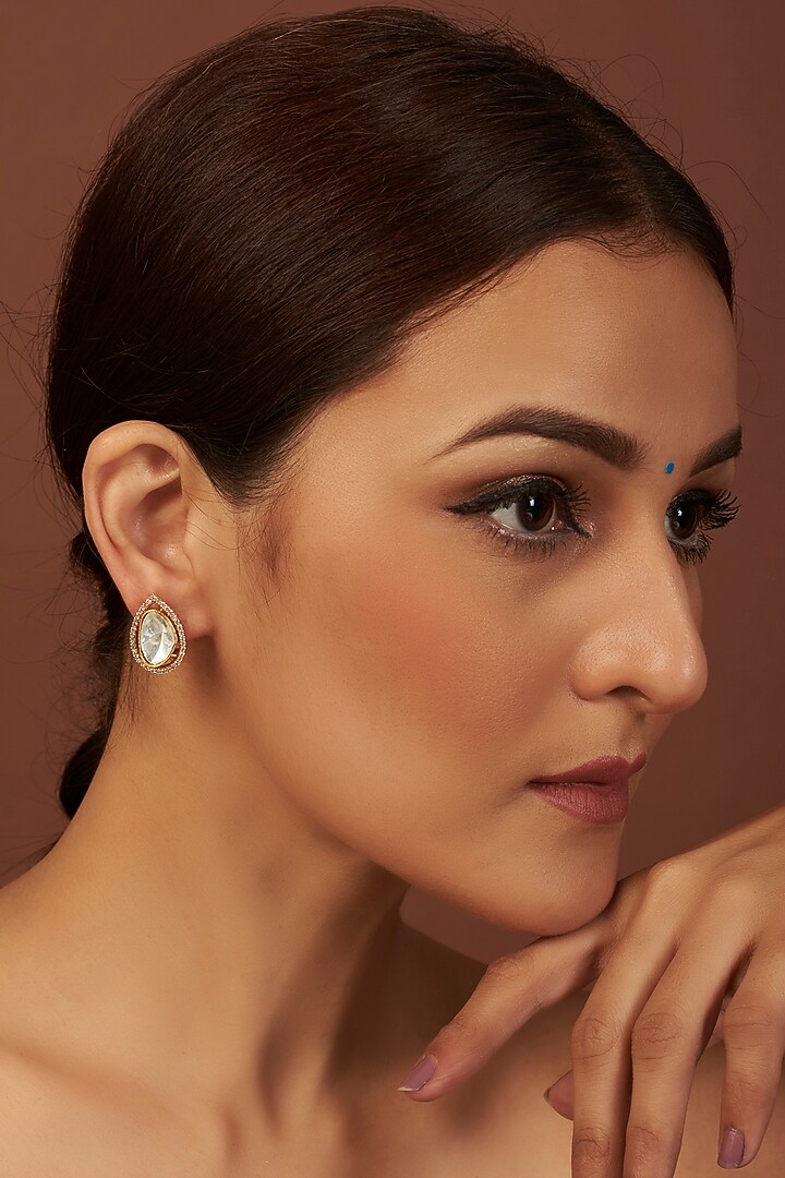 Gold Finish Kundan Polki Stud Earrings by VASTRAA Jewellery at Pernia's Pop Up Shop