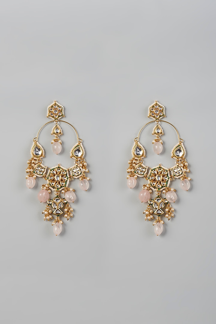 Gold Finish Kundan Polki & Pink Beaded Dangler Earrings by VASTRAA Jewellery at Pernia's Pop Up Shop