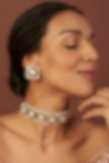 Gold Finish Green Stone & Kundan Polki Choker Necklace Set by VASTRAA Jewellery at Pernia's Pop Up Shop